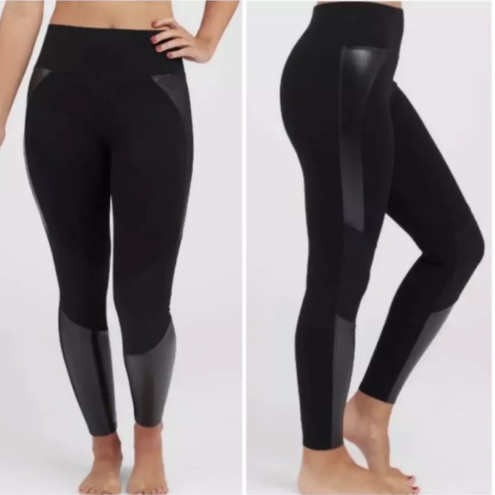 Spanx Black Faux Leather Moto Leggings Medium Ponte High Rise Shaper 20305R
